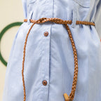 girls sky blue belted two pocket dress - GTW0015