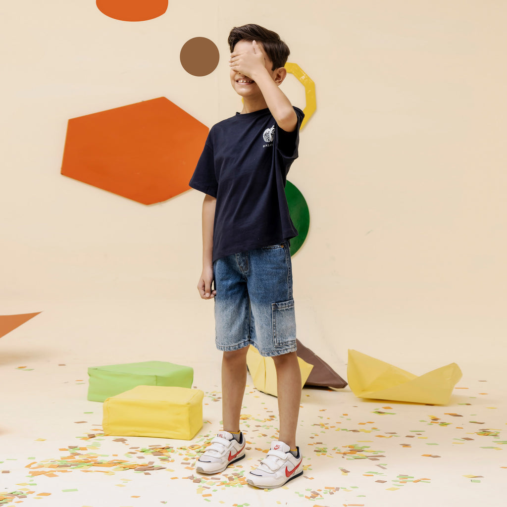 Boys navy blue back printed oversized tee - BTK0016