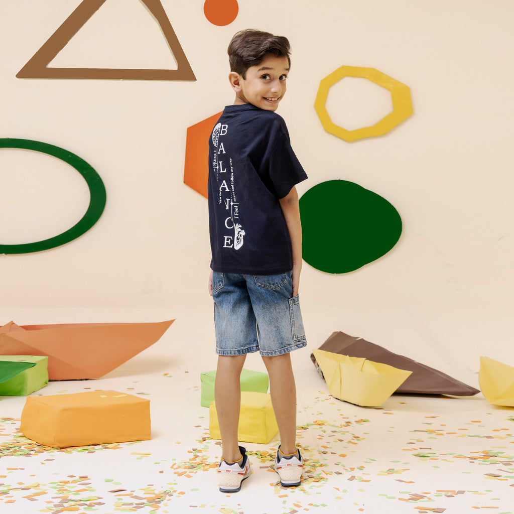 Boys navy blue back printed oversized tee - BTK0016