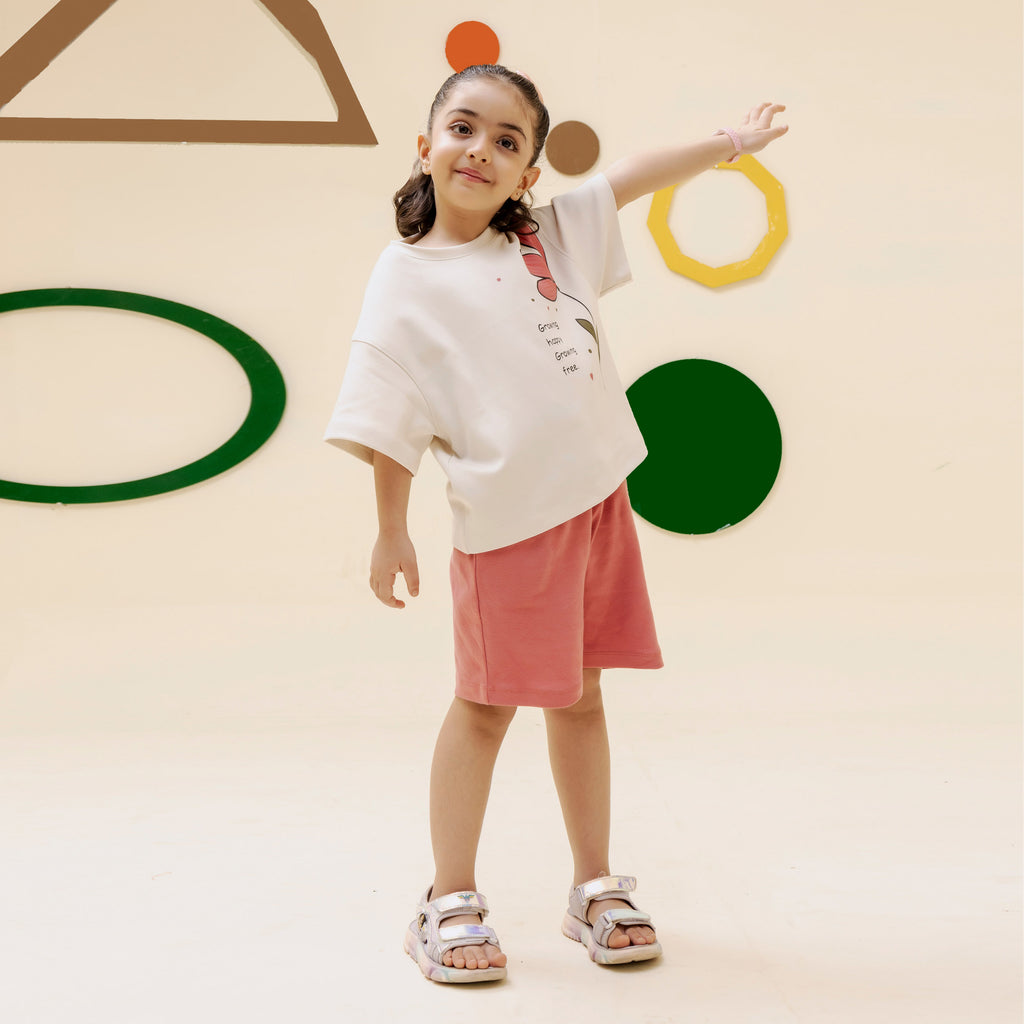 Girls offwhite pink floral oversized co ord set - GSK0001