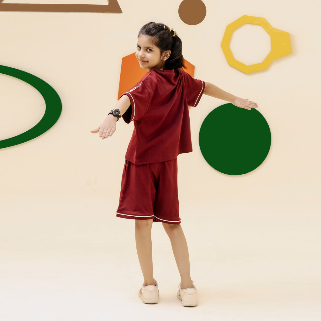 Girls maroon minimalist oversized co ord set - GSK0002