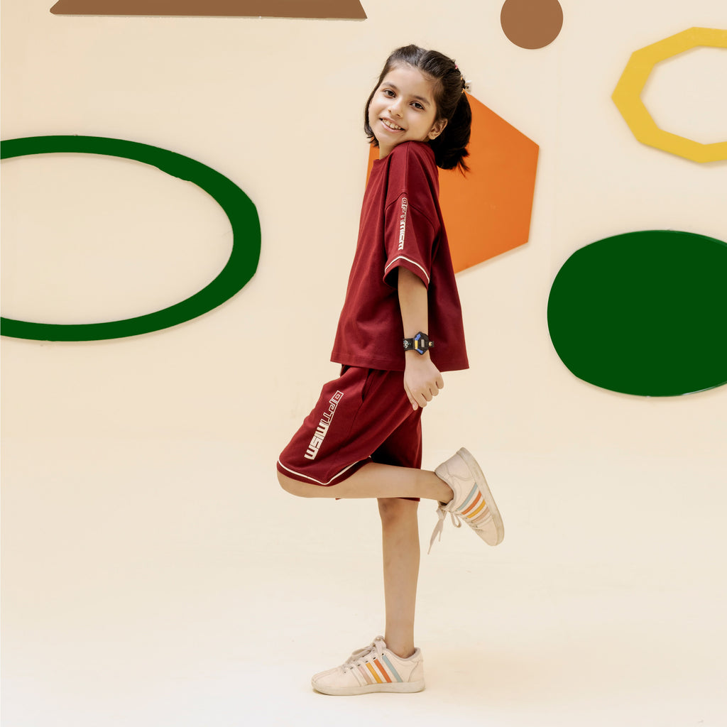 Girls maroon minimalist oversized co ord set - GSK0002