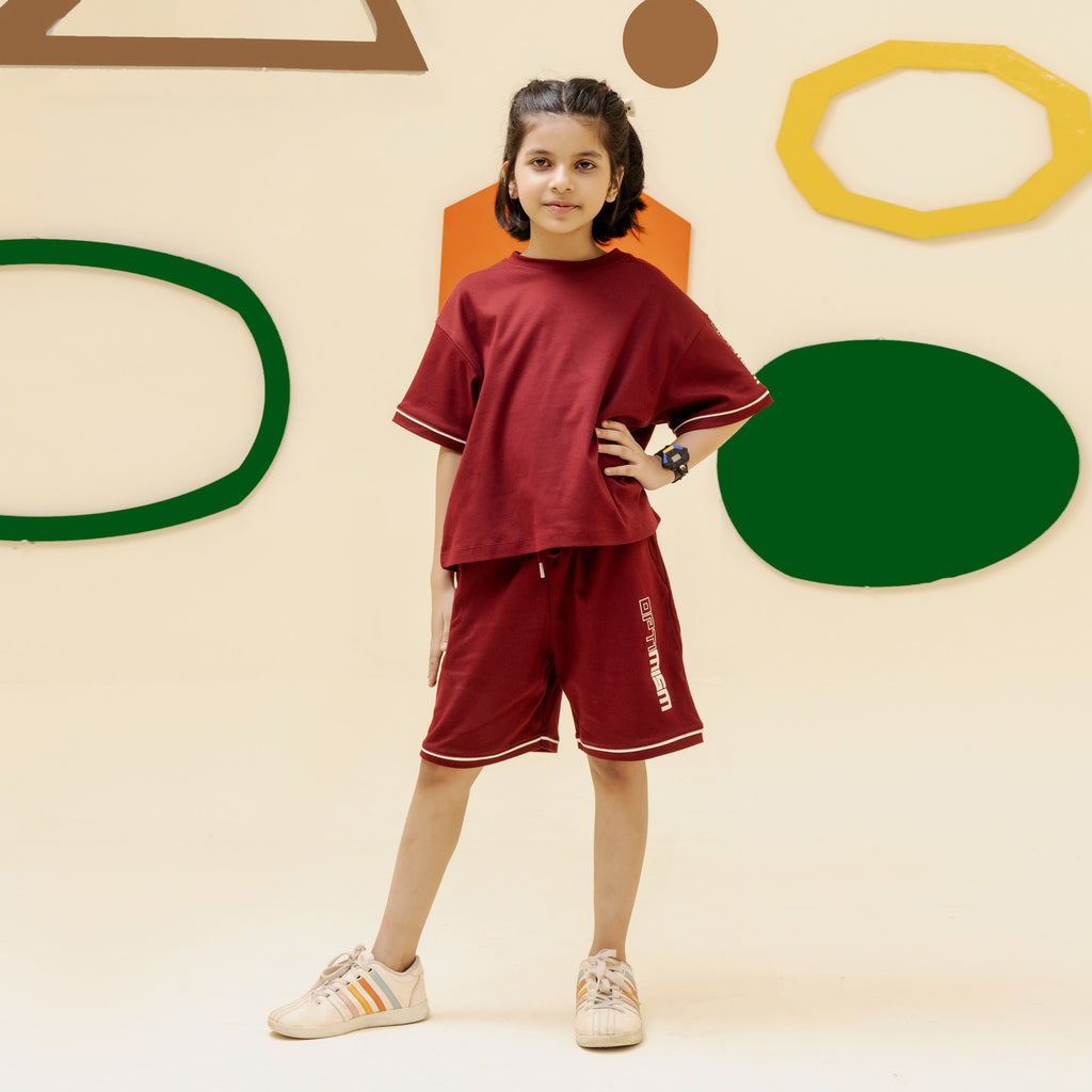 Girls maroon minimalist oversized co ord set - GSK0002