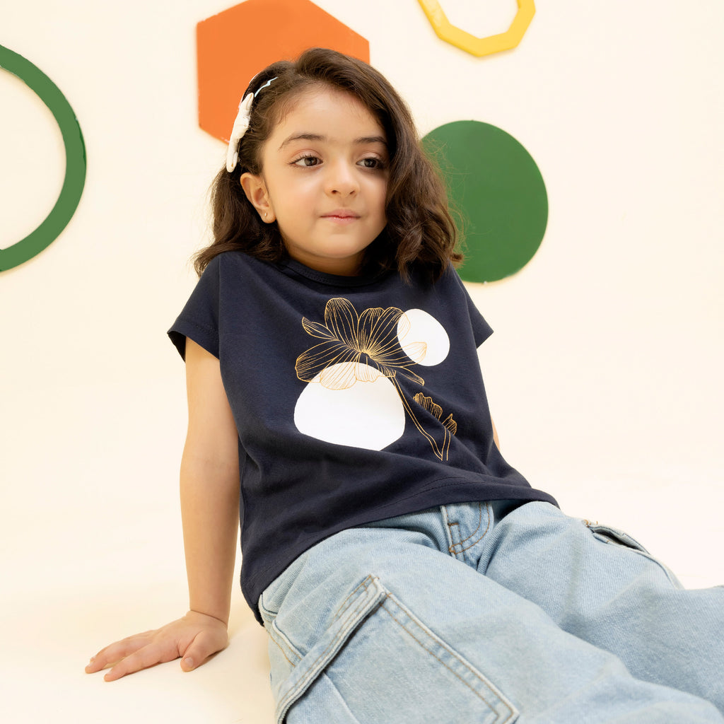 Girls navy blue golden foil boxy top - GTK0006