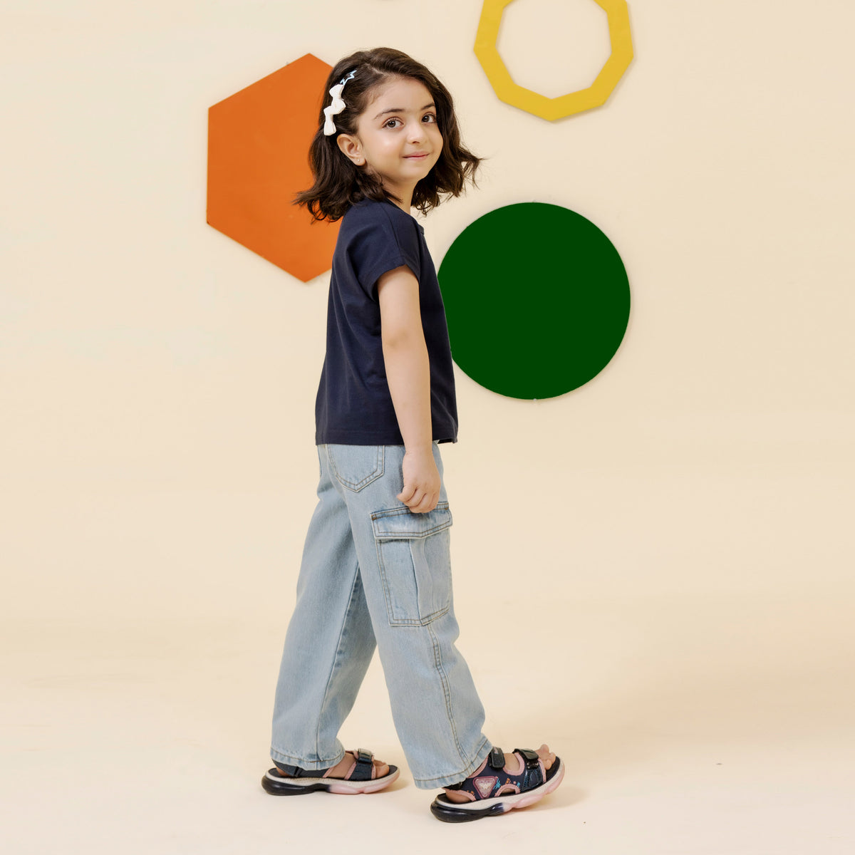 Girls navy blue golden foil boxy top - GTK0006