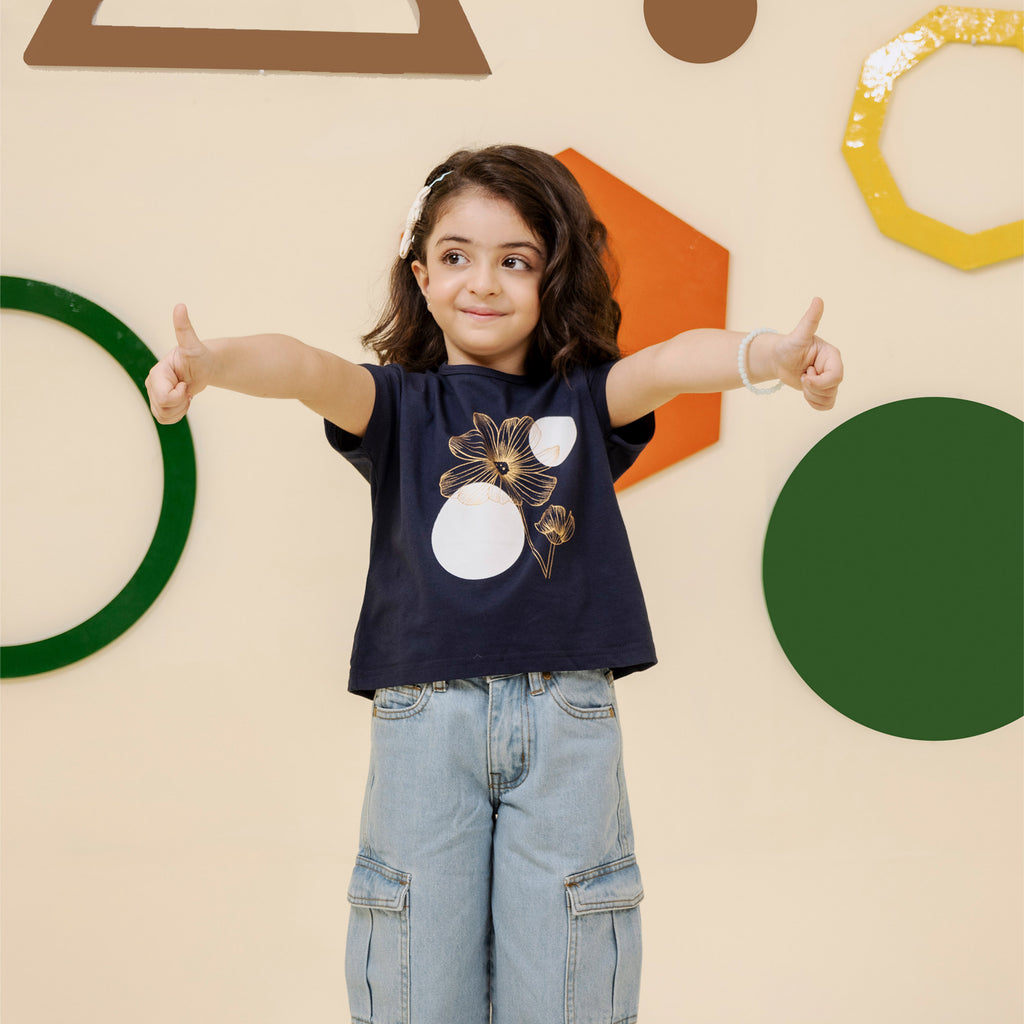 Girls navy blue golden foil boxy top - GTK0006