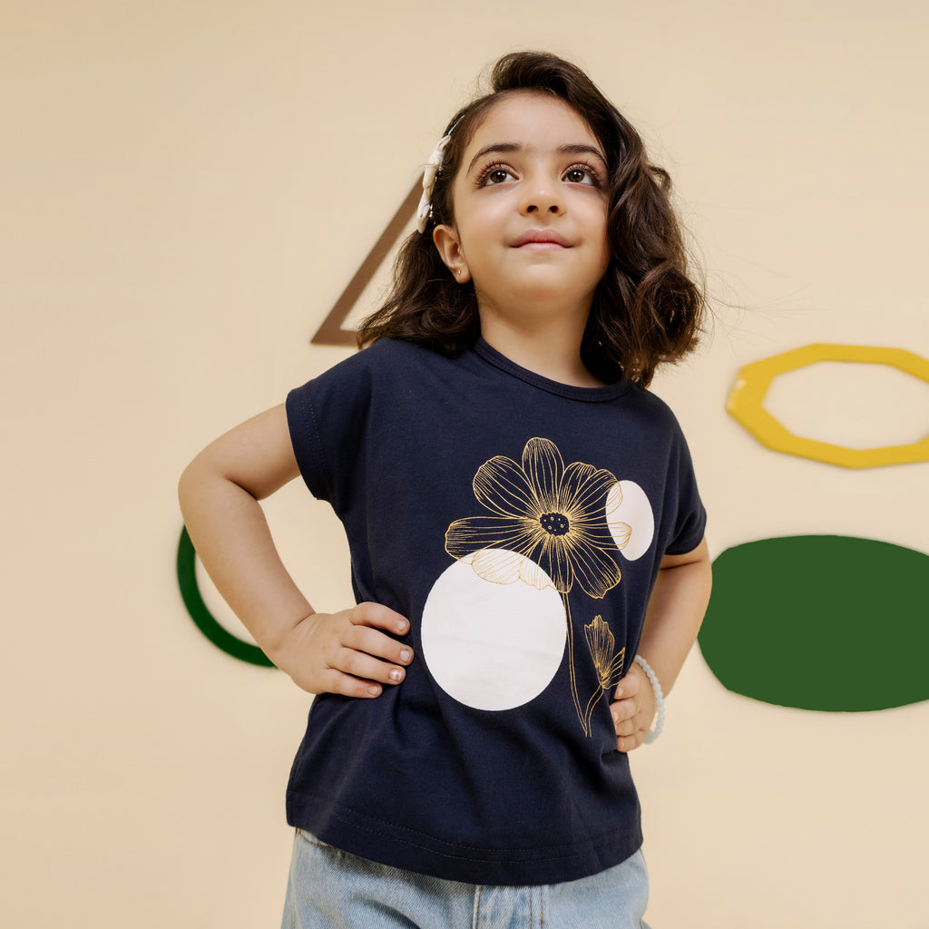 Girls navy blue golden foil boxy top - GTK0006