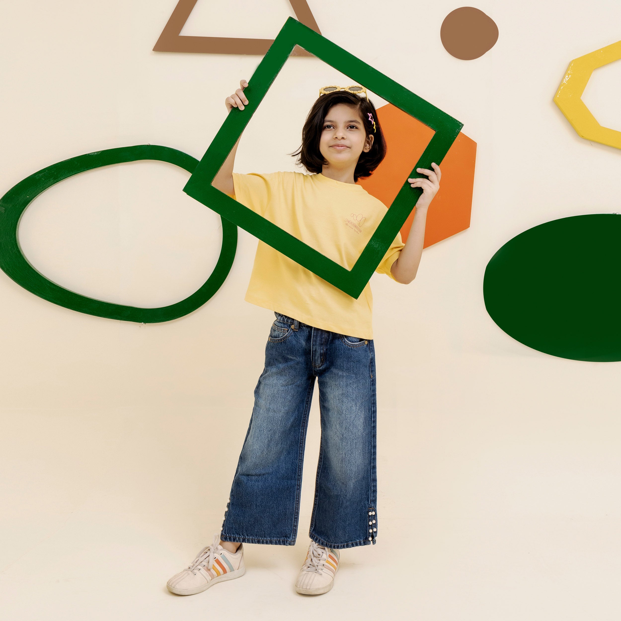 Girls yellow printed oversized tee - GTK0007