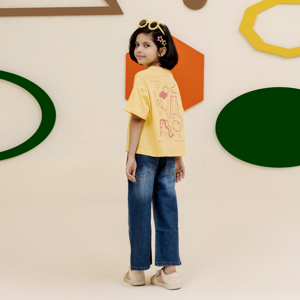 Girls yellow printed oversized tee - GTK0007