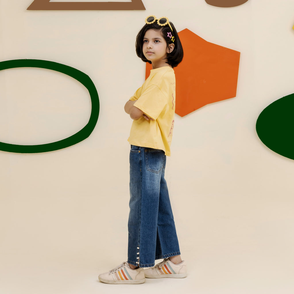 Girls yellow printed oversized tee - GTK0007