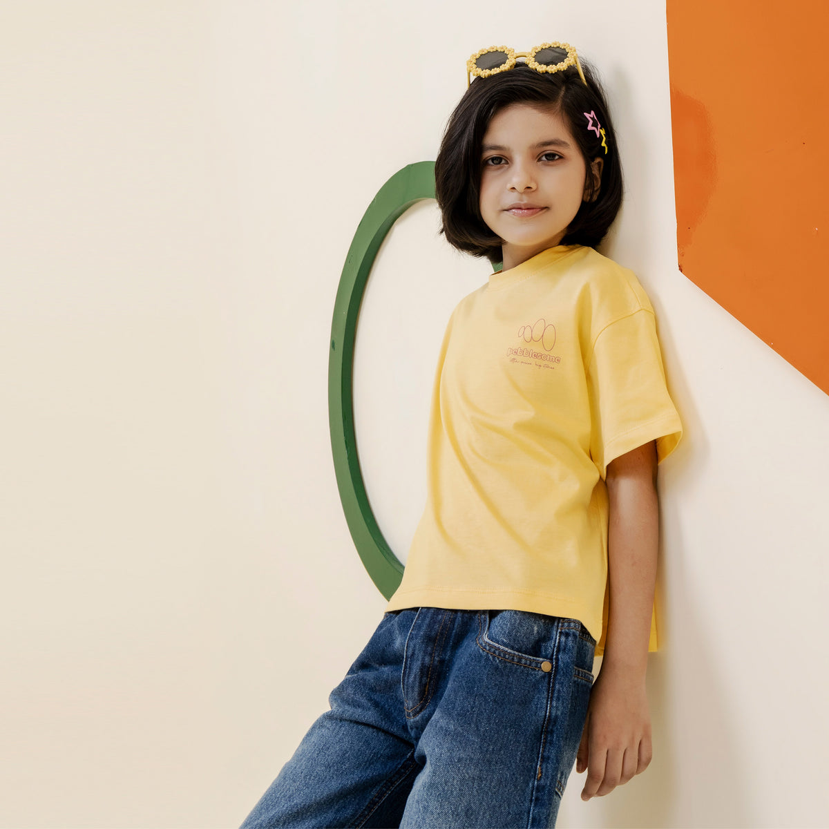 Girls yellow printed oversized tee - GTK0007