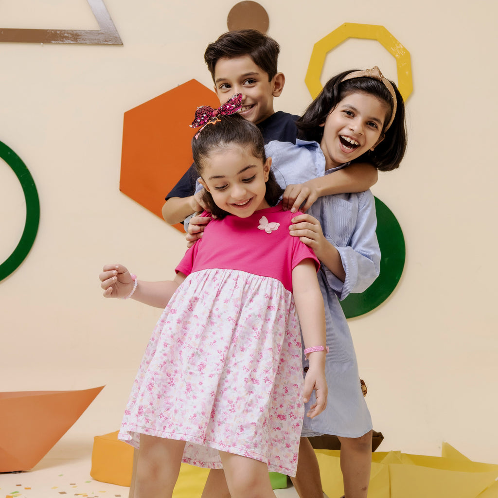 Girls soft pink knit and woven flair dress - GTW0014