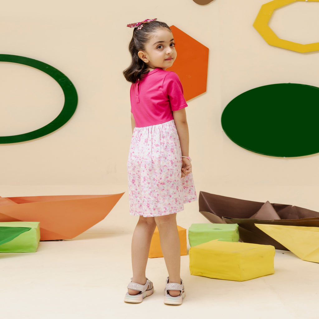 Girls soft pink knit and woven flair dress - GTW0014