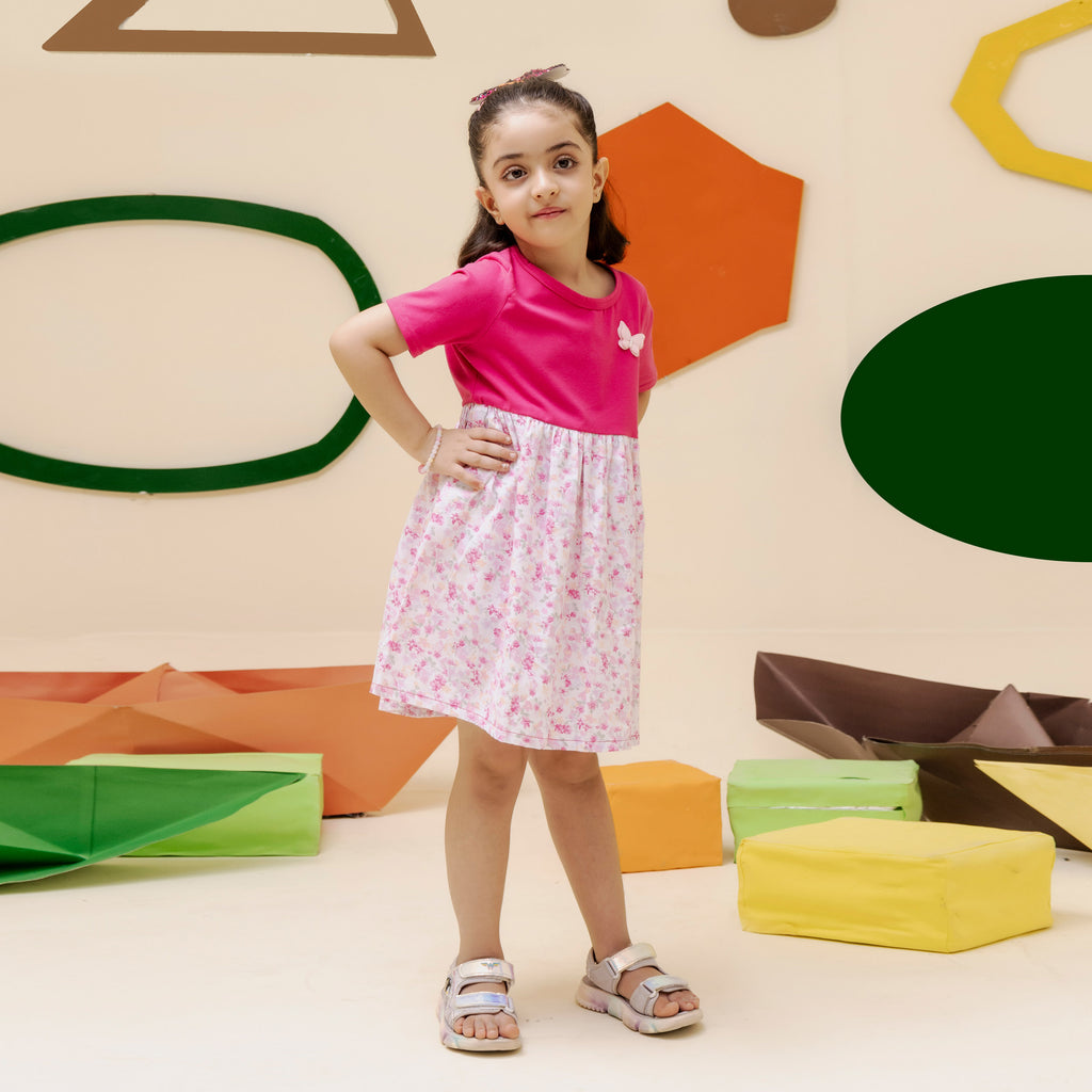 Girls soft pink knit and woven flair dress - GTW0014