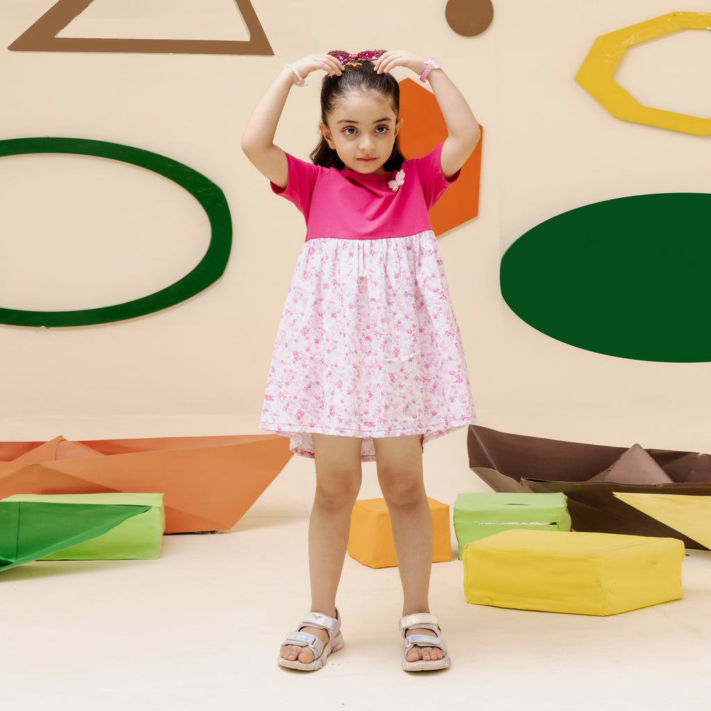 Girls soft pink knit and woven flair dress - GTW0014