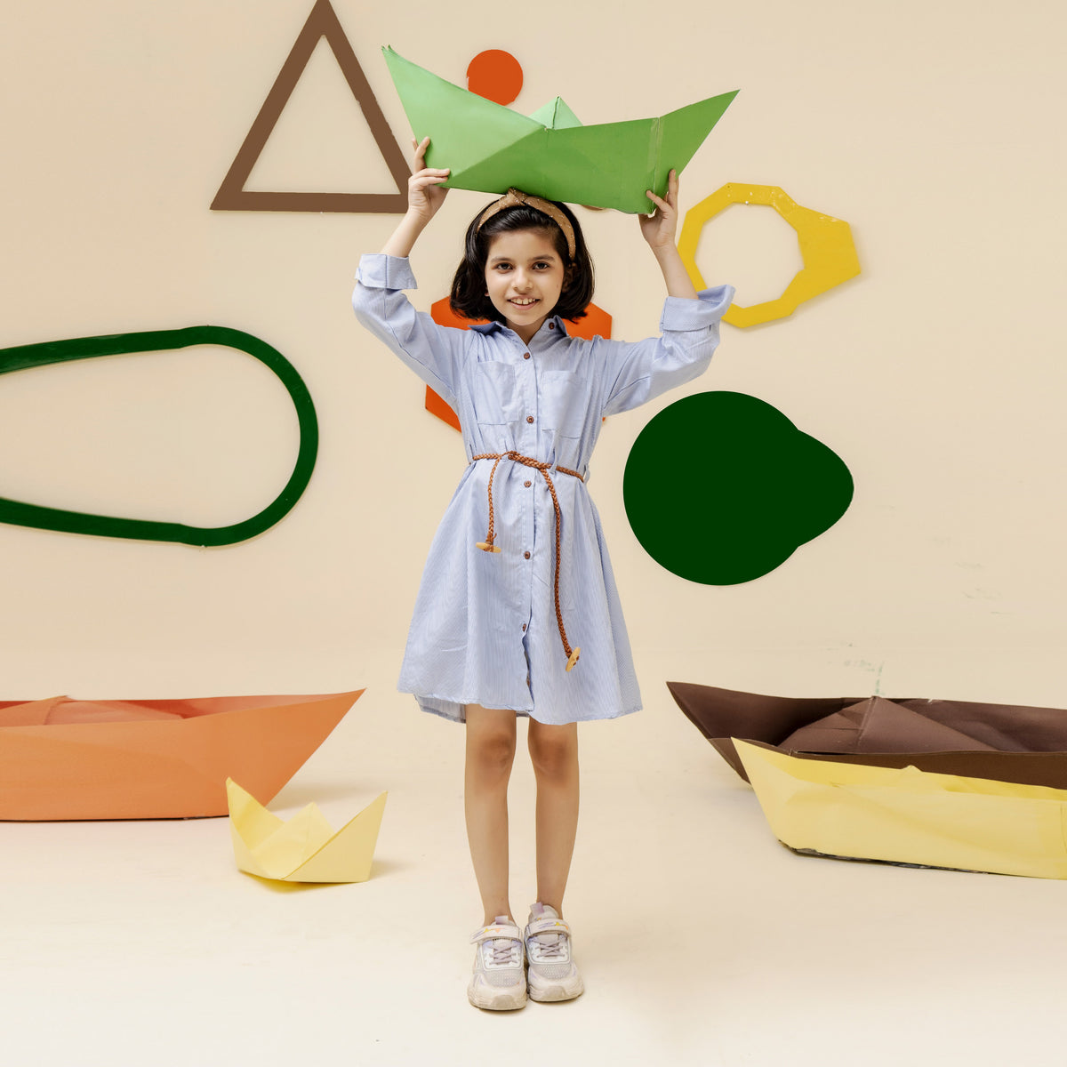 Girls sky blue belted two pocket dress - GTW0015