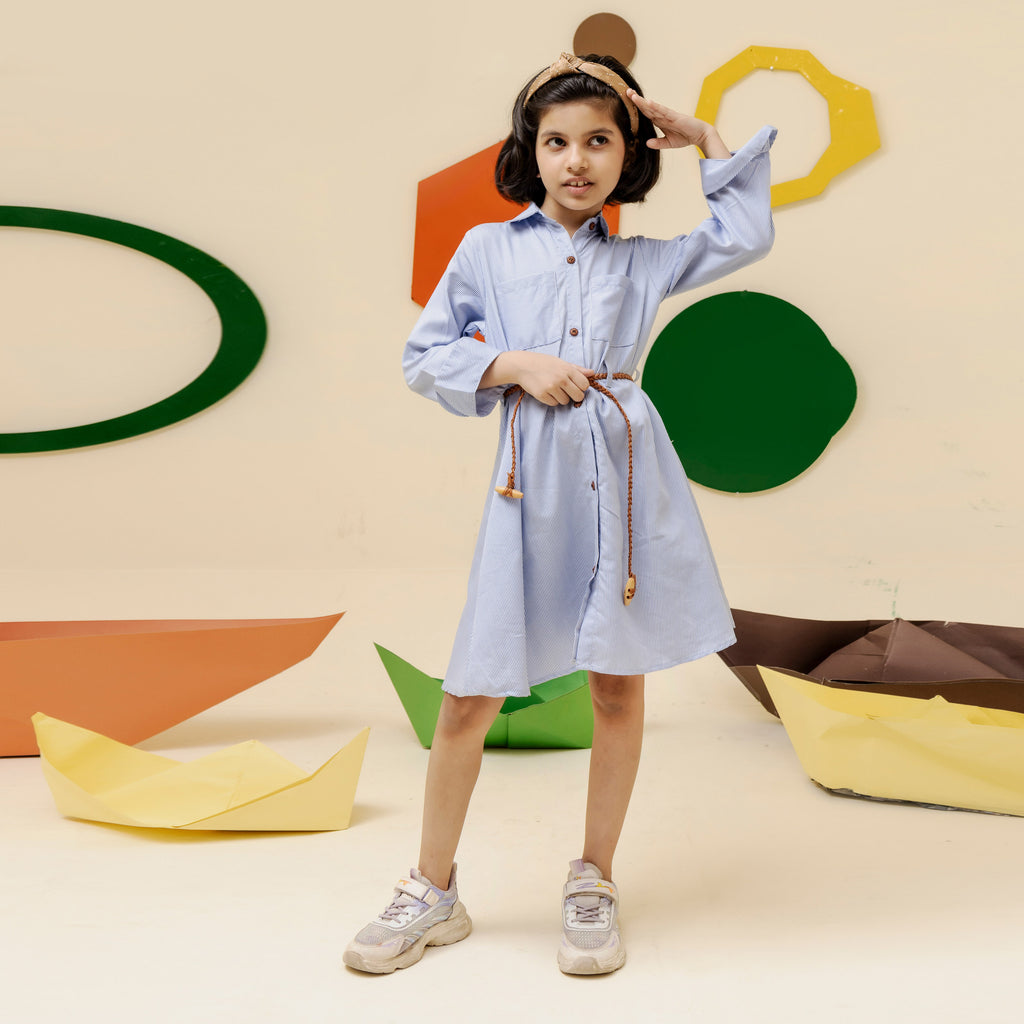 Girls sky blue belted two pocket dress - GTW0015
