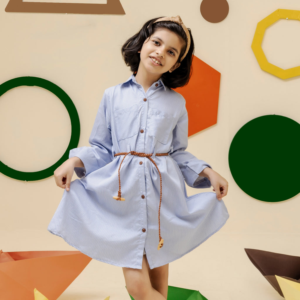 Girls sky blue belted two pocket dress - GTW0015
