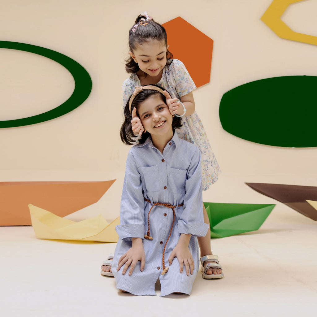 Girls sky blue belted two pocket dress - GTW0015
