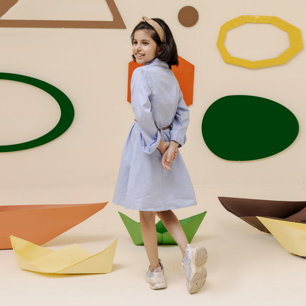 Girls sky blue belted two pocket dress - GTW0015